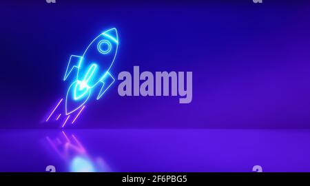 Rocket neon light icon with studio purple background. Launch Start up and idea concept. 3d rendering - illustration. Stock Photo