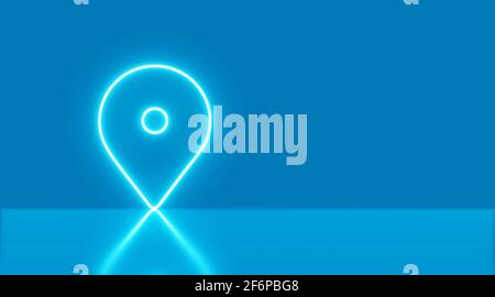 Concept of global coordinate. Map label icon. Location neon light icon blue background with space for text. 3d rendering - illustration. Stock Photo