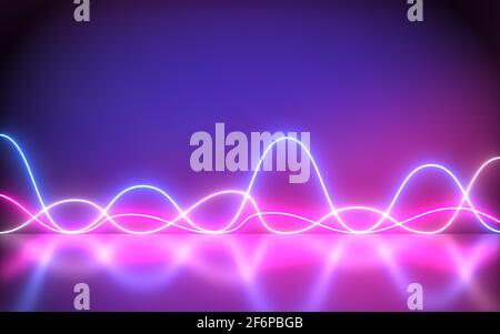 Background Futuristic Abstract Blue And Purple Neon Waves motion Light Shapes On colorful and reflective - render, laser show, night club interior lig Stock Photo