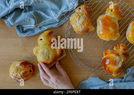 Sweet brioche dough in the shape of Easter bunnies fresh from the oven, on a wooden table, cooling down on a rack. Stock Photo