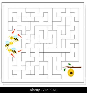 A maze game for kids. guide the bees through the maze to the hive. Vector isolated on a white background Stock Vector