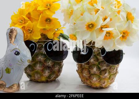 Easter Bunny, lamb and pineapple with sunglasses Stock Photo