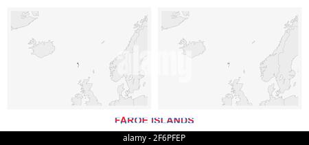 Two versions of the map of Faroe Islands, with the flag of Faroe Islands and highlighted in dark grey. Vector map. Stock Vector