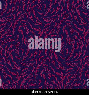 Seamless pattern with curls of doodle flowers and branches. Natural texture with pink petals and leaves on violet backdrop. Vector wallpaper with scri Stock Vector