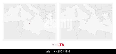 Two versions of the map of Malta, with the flag of Malta and highlighted in dark grey. Vector map. Stock Vector