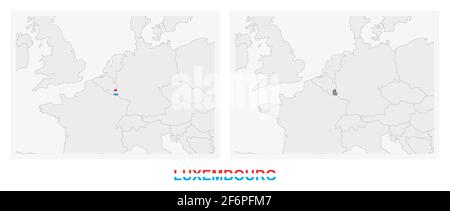 Two versions of the map of Luxembourg, with the flag of Luxembourg and highlighted in dark grey. Vector map. Stock Vector