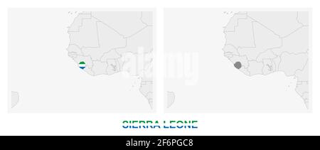 Two versions of the map of Sierra Leone, with the flag of Sierra Leone and highlighted in dark grey. Vector map. Stock Vector