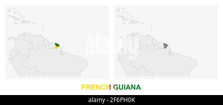 Two versions of the map of French Guiana, with the flag of French Guiana and highlighted in dark grey. Vector map. Stock Vector