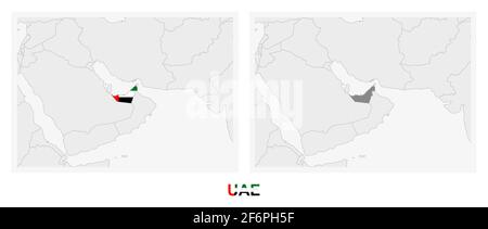 Two versions of the map of United Arab Emirates, with the flag of UAE and highlighted in dark grey. Vector map. Stock Vector