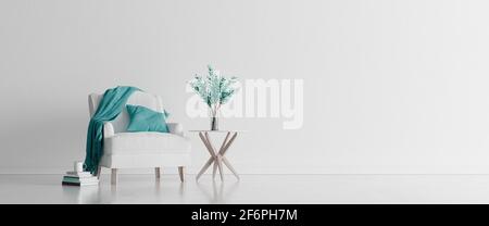Living room interior design with white armchair and blue elements 3d render 3d illustration Stock Photo