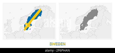 Two versions of the map of Sweden, with the flag of Sweden and highlighted in dark grey. Vector map. Stock Vector