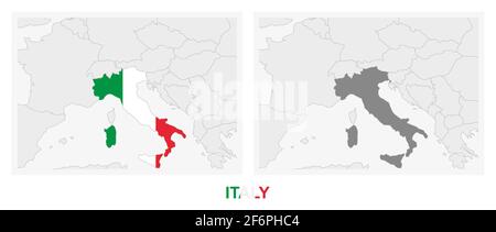 Two versions of the map of Italy, with the flag of Italy and highlighted in dark grey. Vector map. Stock Vector