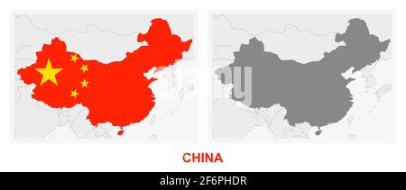 Two versions of the map of China, with the flag of China and highlighted in dark grey. Vector map. Stock Vector