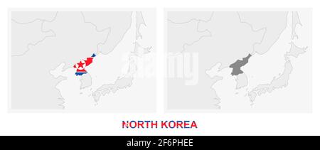 Two versions of the map of North Korea, with the flag of North Korea and highlighted in dark grey. Vector map. Stock Vector