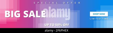 Horizontal selling banner. Wide colored banner with blue and pink gradation modern geometric background for sale, special offer, clearance. Vector Stock Vector