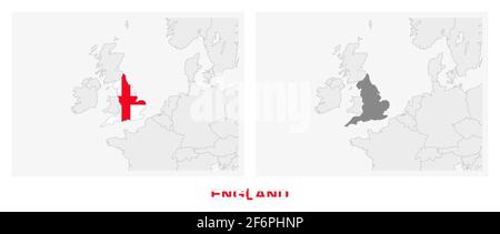 Two versions of the map of England, with the flag of England and highlighted in dark grey. Vector map. Stock Vector