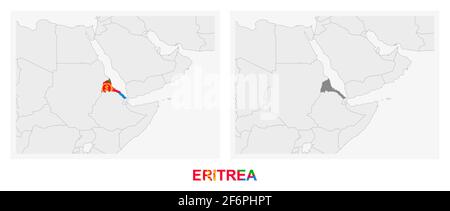 Two versions of the map of Eritrea, with the flag of Eritrea and highlighted in dark grey. Vector map. Stock Vector