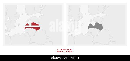 Two versions of the map of Latvia, with the flag of Latvia and highlighted in dark grey. Vector map. Stock Vector