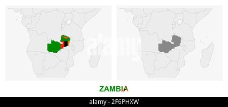 Two versions of the map of Zambia, with the flag of Zambia and highlighted in dark grey. Vector map. Stock Vector