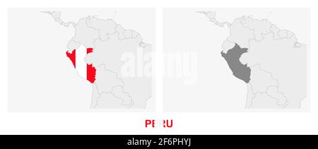 Two versions of the map of Peru, with the flag of Peru and highlighted in dark grey. Vector map. Stock Vector