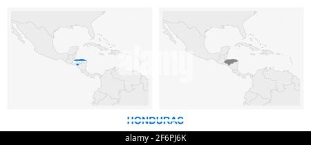 Two versions of the map of Honduras, with the flag of Honduras and highlighted in dark grey. Vector map. Stock Vector