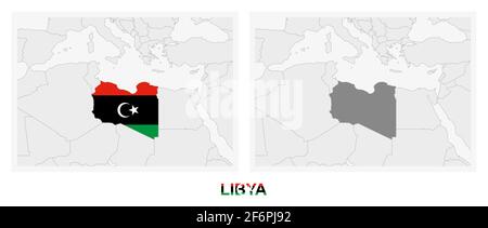 Two versions of the map of Libya, with the flag of Libya and highlighted in dark grey. Vector map. Stock Vector
