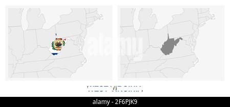 Two versions of the map of US State West Virginia, with the flag of West Virginia and highlighted in dark grey. Vector map. Stock Vector