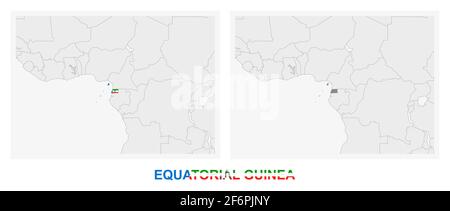Two versions of the map of Equatorial Guinea, with the flag of Equatorial Guinea and highlighted in dark grey. Vector map. Stock Vector