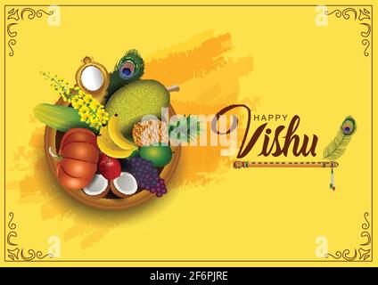 Happy Vishu greetings. April 14 Kerala festival with Vishu Kani, vishu flower Fruits and vegetables in a bronze vessel. vector illustration design Stock Vector