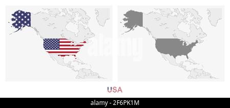 Two versions of the map of United States, with the flag of USA and highlighted in dark grey. Vector map. Stock Vector