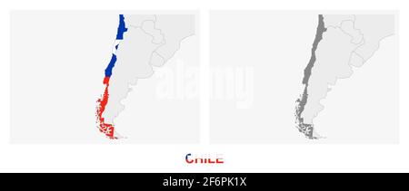 Two versions of the map of Chile, with the flag of Chile and highlighted in dark grey. Vector map. Stock Vector