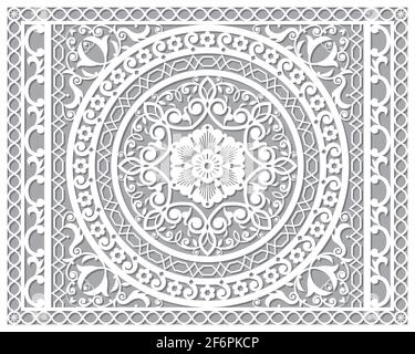 Openwork vector mandala design in ractanle inspired by the oriental carved wood wall art patterns from Marrakesh in Morocco - 4x5 format Stock Vector