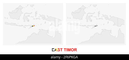 Two versions of the map of East Timor, with the flag of East Timor and highlighted in dark grey. Vector map. Stock Vector