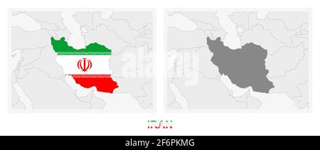 Two versions of the map of Iran, with the flag of Iran and highlighted in dark grey. Vector map. Stock Vector
