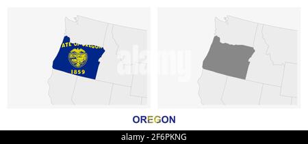 Two versions of the map of US State Oregon, with the flag of Oregon and highlighted in dark grey. Vector map. Stock Vector