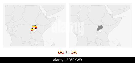 Two versions of the map of Uganda, with the flag of Uganda and highlighted in dark grey. Vector map. Stock Vector