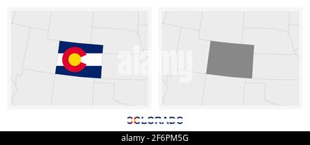 Two versions of the map of US State Colorado, with the flag of Colorado and highlighted in dark grey. Vector map. Stock Vector