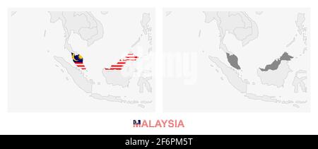 Two versions of the map of Malaysia, with the flag of Malaysia and highlighted in dark grey. Vector map. Stock Vector