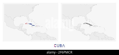 Two versions of the map of Cuba, with the flag of Cuba and highlighted in dark grey. Vector map. Stock Vector