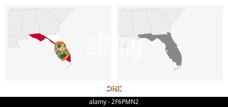 Two versions of the map of US State Florida, with the flag of Florida and highlighted in dark grey. Vector map. Stock Vector