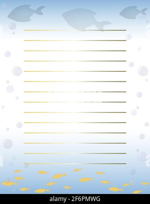 Lined Letter paper page for writing in underwater design with floating fish. Stock Photo