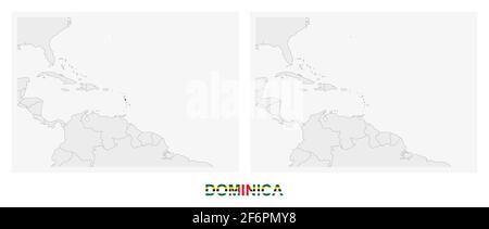 Two versions of the map of Dominica, with the flag of Dominica and highlighted in dark grey. Vector map. Stock Vector