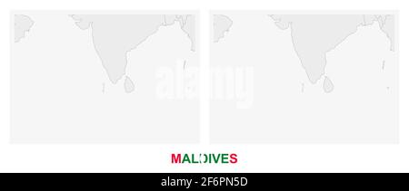 Two versions of the map of Maldives, with the flag of Maldives and highlighted in dark grey. Vector map. Stock Vector