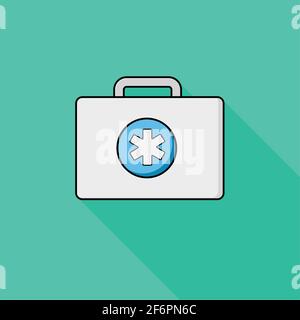 Modern icon briefcase medical, background green and bag white with croos blue, long shadow Stock Vector
