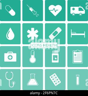Modern icons health, background green and flat style, long shadow Stock Vector