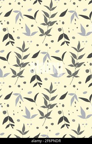 Leaves seamless pattern, hand drawn natural branches in shades of grey. Light yellow background. Vector Stock Vector