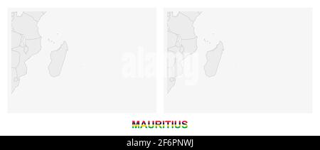 Two versions of the map of Mauritius, with the flag of Mauritius and highlighted in dark grey. Vector map. Stock Vector