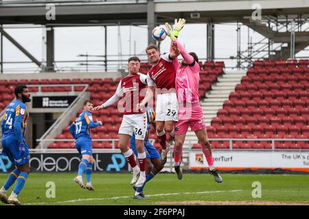 NORTHAMPTON, ENGLAND. APRIL 2ND: Shrewsbury Town's keeper Matija Šarkić is challenged by Northampton Town's Danny Rose during the first half of the Sky Bet League One match between Northampton Town and Shrewsbury Town at the PTS Academy Stadium, Northampton on Friday 2nd April 2021. (Credit: John Cripps | MI News) Credit: MI News & Sport /Alamy Live News Stock Photo