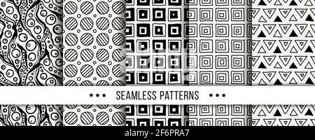Cute collection of doodle hipster seamless patterns. Ornament set for your design, wallpaper, background, fabric textile. Vector illustrations Stock Vector
