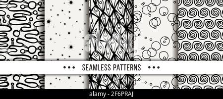 Cute collection of doodle hipster seamless patterns. Ornament set for your design, wallpaper, background, fabric textile. Vector illustrations Stock Vector